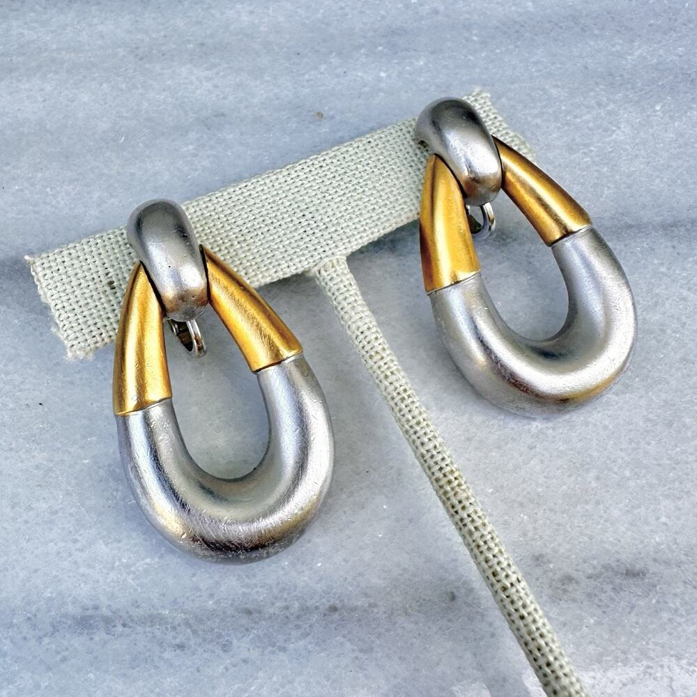 Crown Trifari Clip-on Earrings Gold Silver 2 Tone Matte Modernist Knocker Hoop